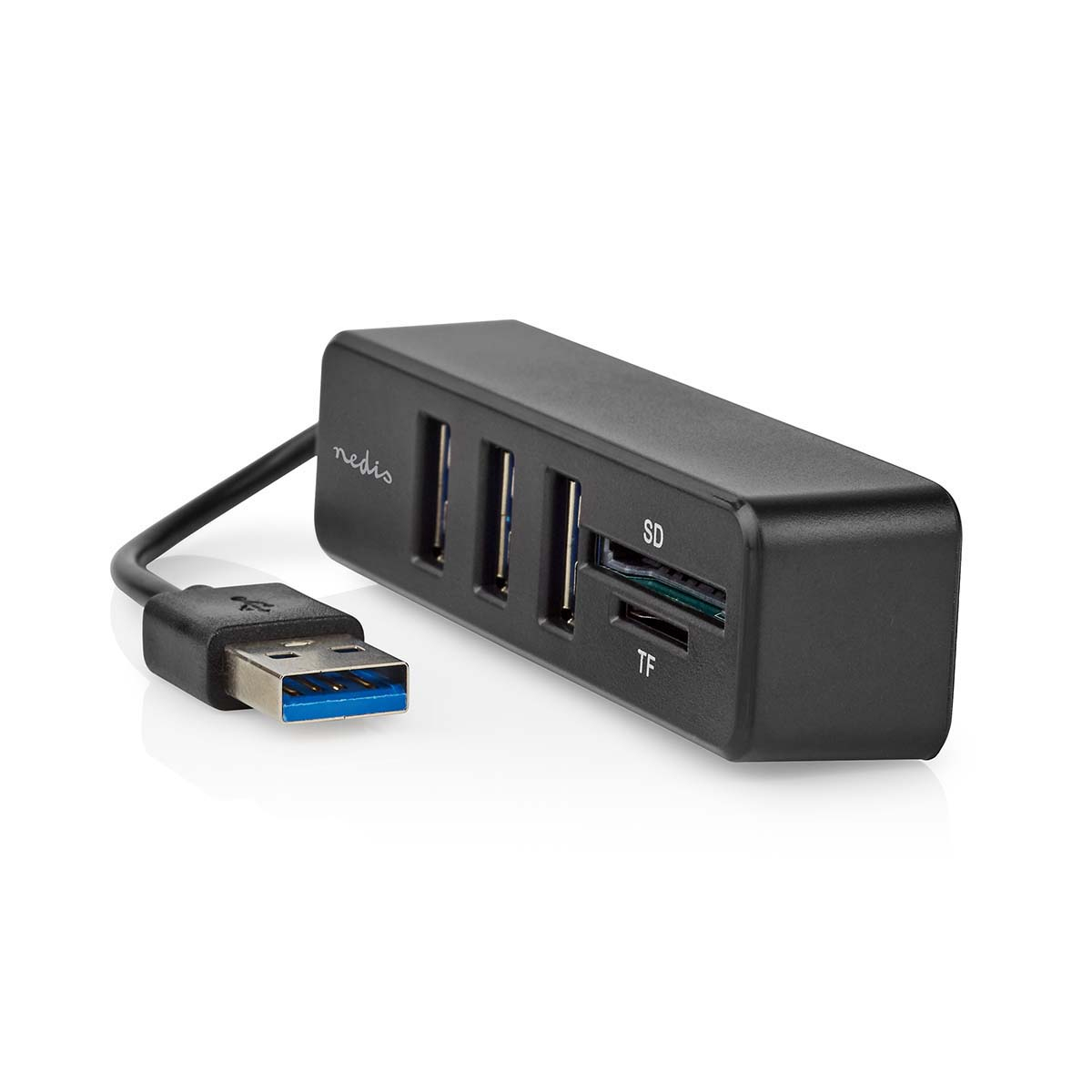Hub USB noir avec trois ports USB et des fentes pour cartes SD et TF, relié à un câble USB.