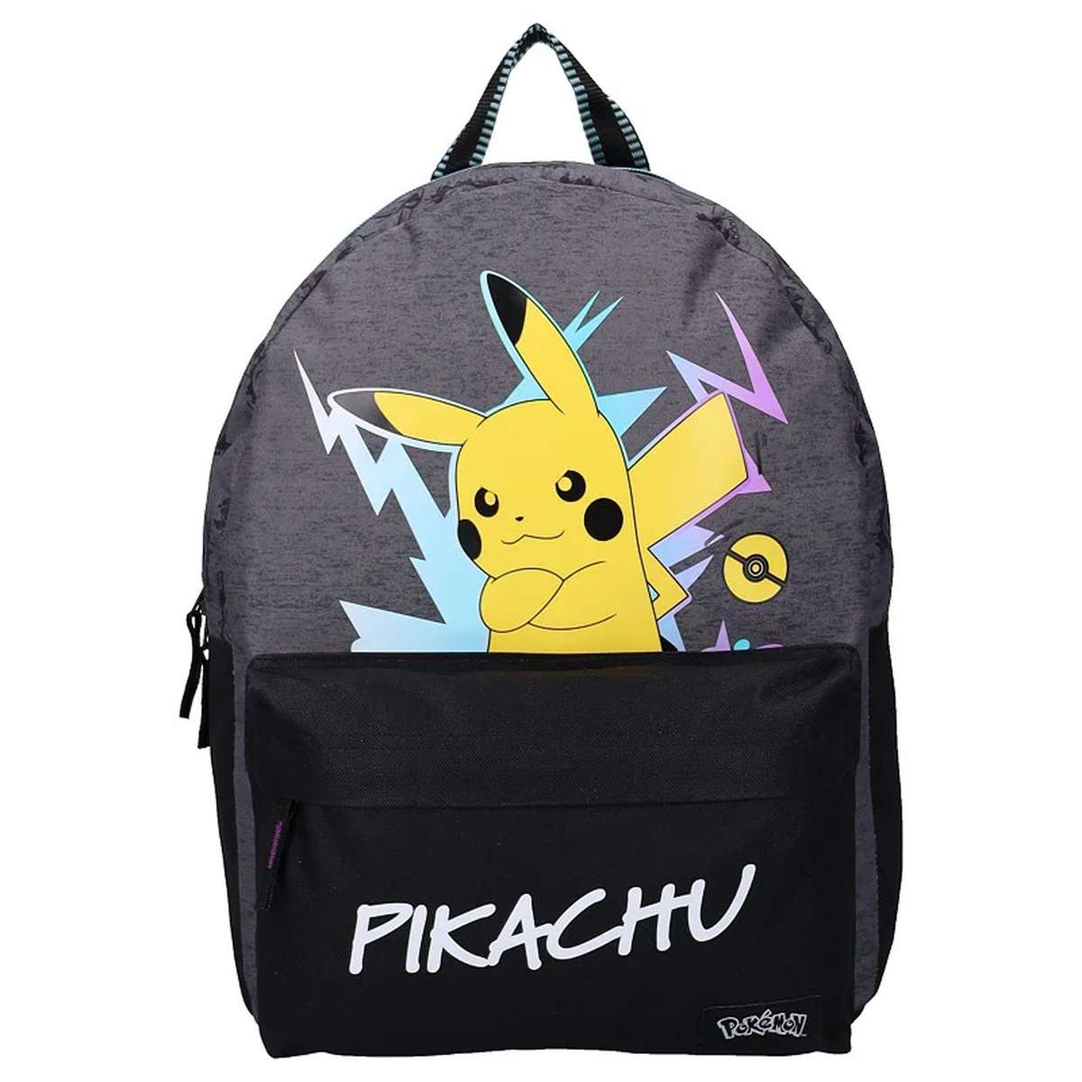 Grauer Rucksack mit Pikachu-Motiv, blauen Blitzen und schwarzer Vordertasche mit weißer Pikachu-Aufschrift.