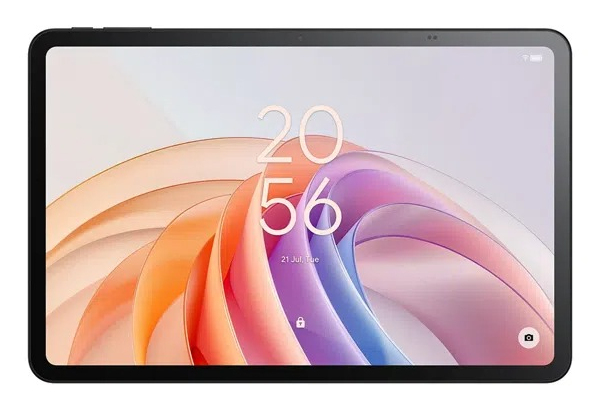 A black tablet displays an abstract, colorful swirling pattern and the time 20:56 on its screen.