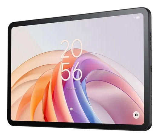 A black tablet featuring a colorful, curved abstract wallpaper on the screen.