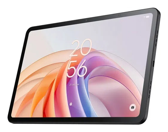 A black tablet angled against a white background, displaying a colorful abstract wallpaper and digital clock.