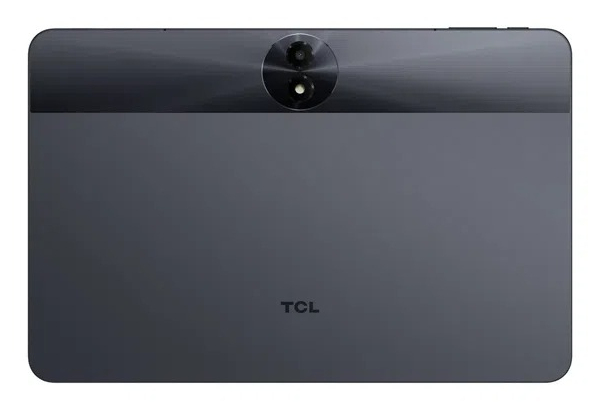Back of a gray TCL tablet with a horizontal camera strip and TCL logo at the bottom.