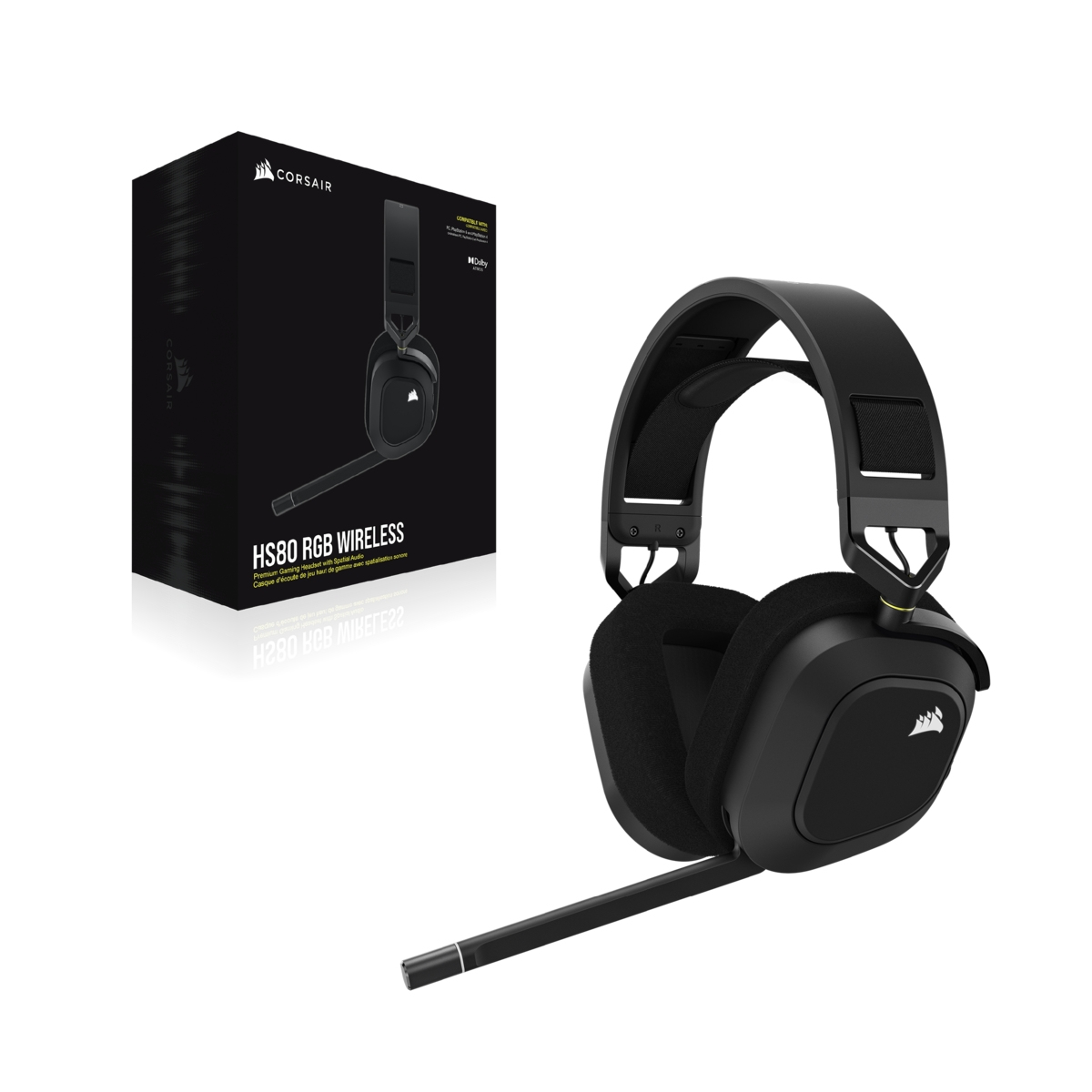 Schwarzes Corsair HS80 RGB Wireless Gaming-Headset mit Mikrofonarm neben der Verpackung.