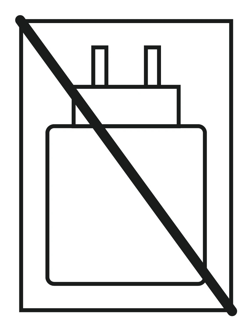 Ein schwarz-weißer Strichzeichnung symbolisiert ein Verbotsschild für einen Netzstecker in einem Rechteck.