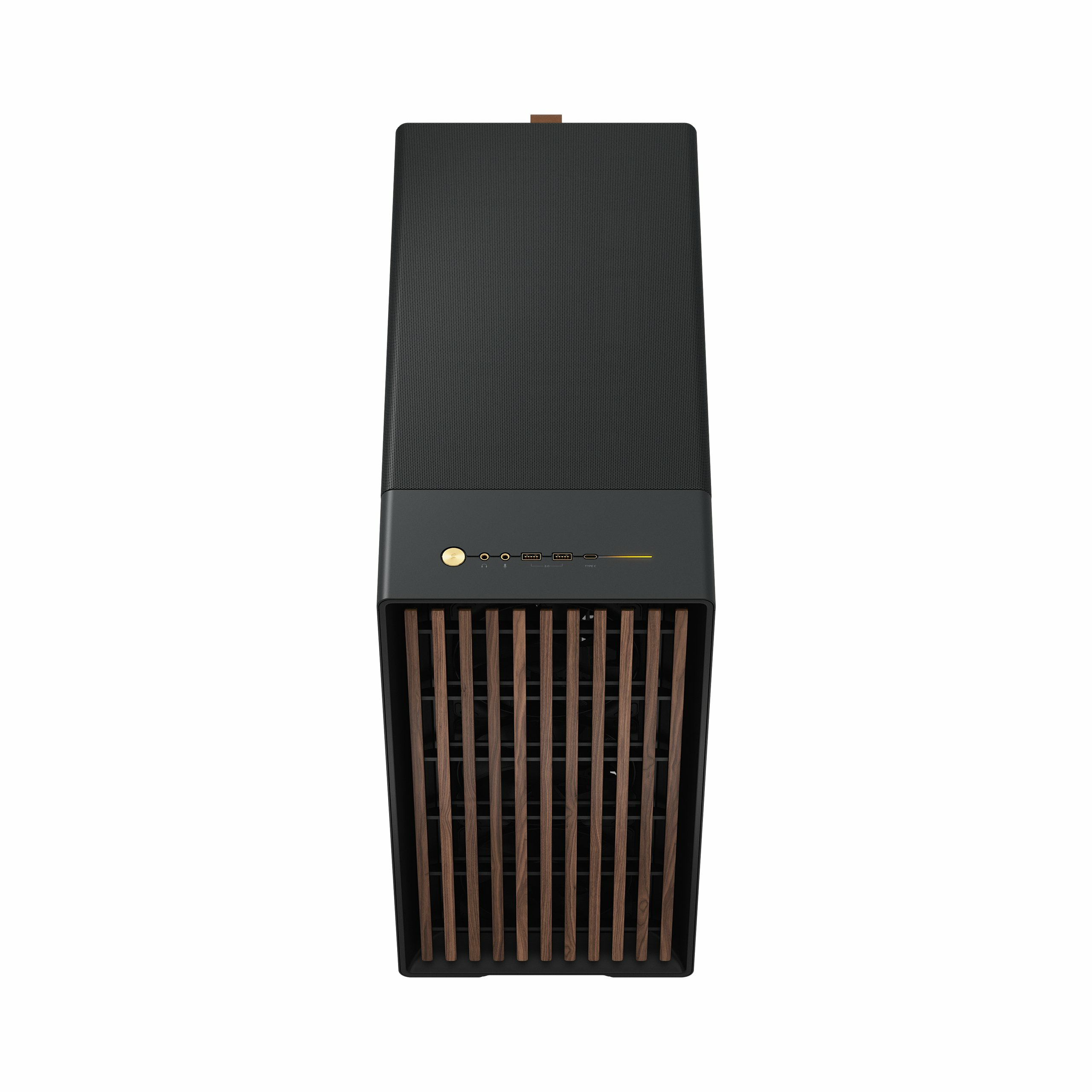 Black PC tower case with a fabric top, wooden slats at the bottom, and gold ports.