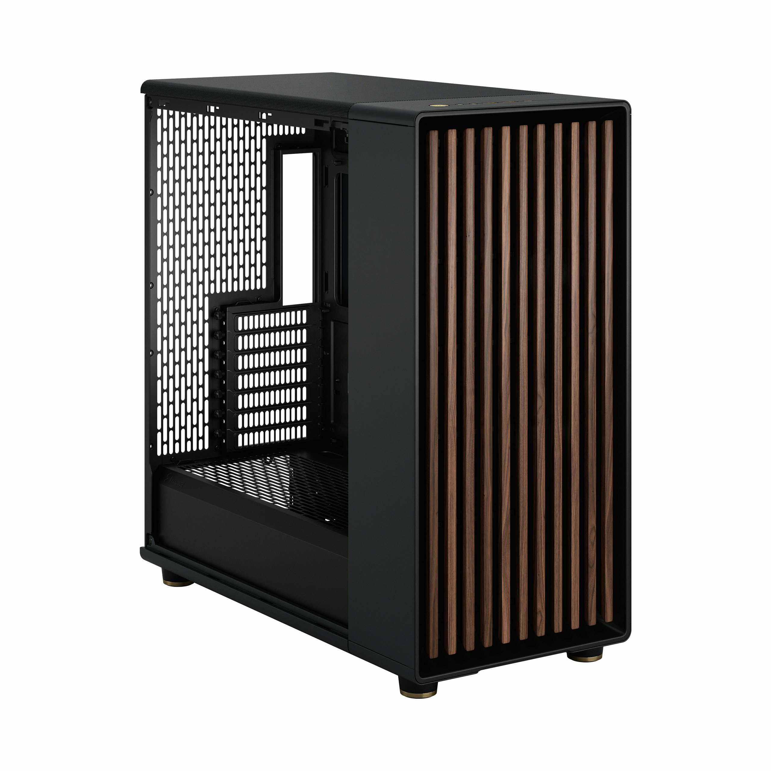 Black PC case with a wood-slat front panel and perforated left side.