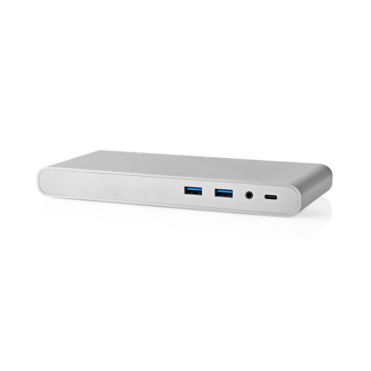 Un dock USB-C argenté avec des ports USB, une prise audio et un port USB-C sur fond blanc.