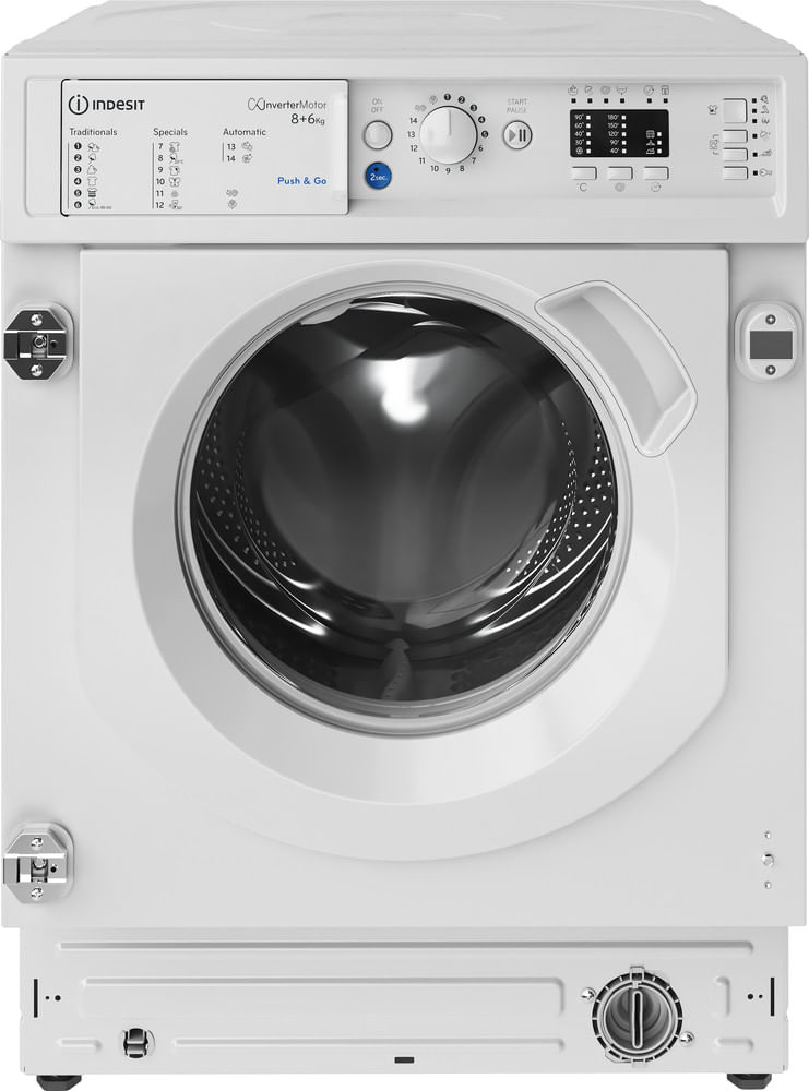 Una lavatrice da incasso bianca Indesit con display digitale, selettore programmi e oblò anteriore.