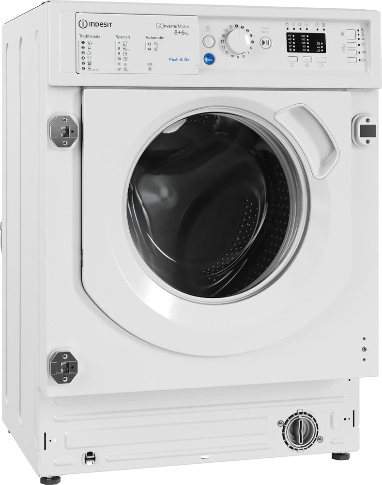 Lavatrice da incasso Indesit bianca a carica frontale con pannello di controllo.