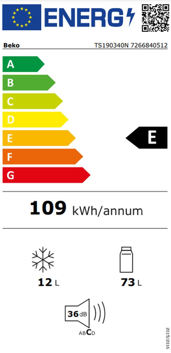 Etichetta energetica Beko di classe E con 109 kWh/anno, 12L, 73L e 36 dB.