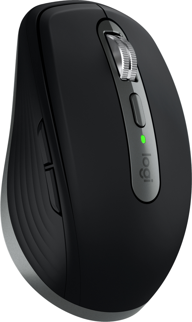 Un mouse per computer wireless nero con rotellina in metallo, pulsanti laterali e una spia LED verde.