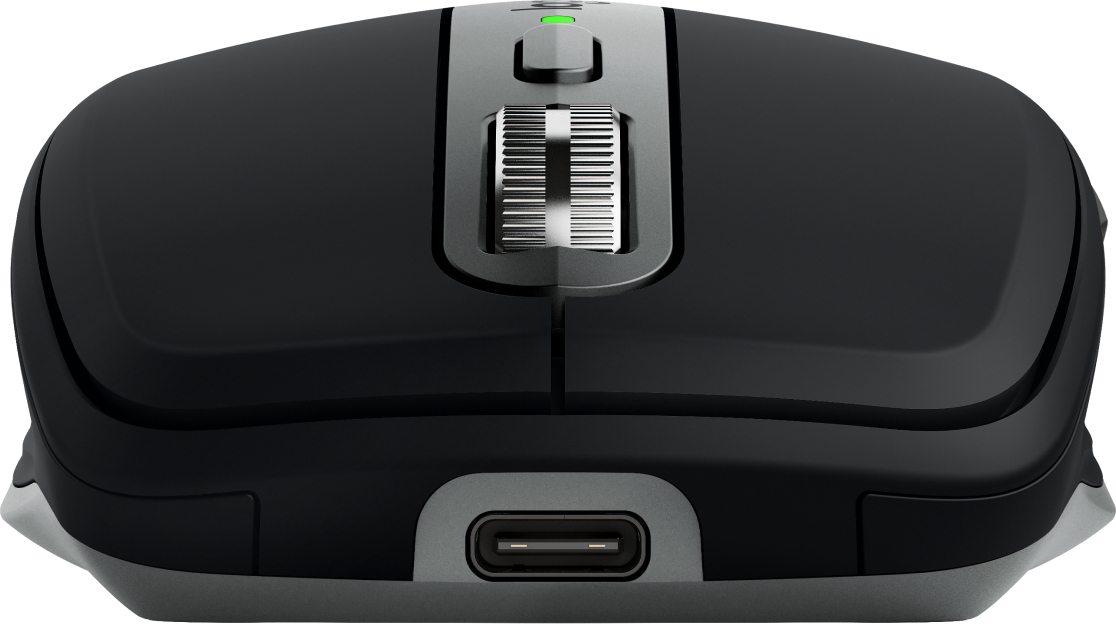 Mouse per computer nero con rotella di scorrimento in metallo e porta USB-C anteriore su sfondo neutro.