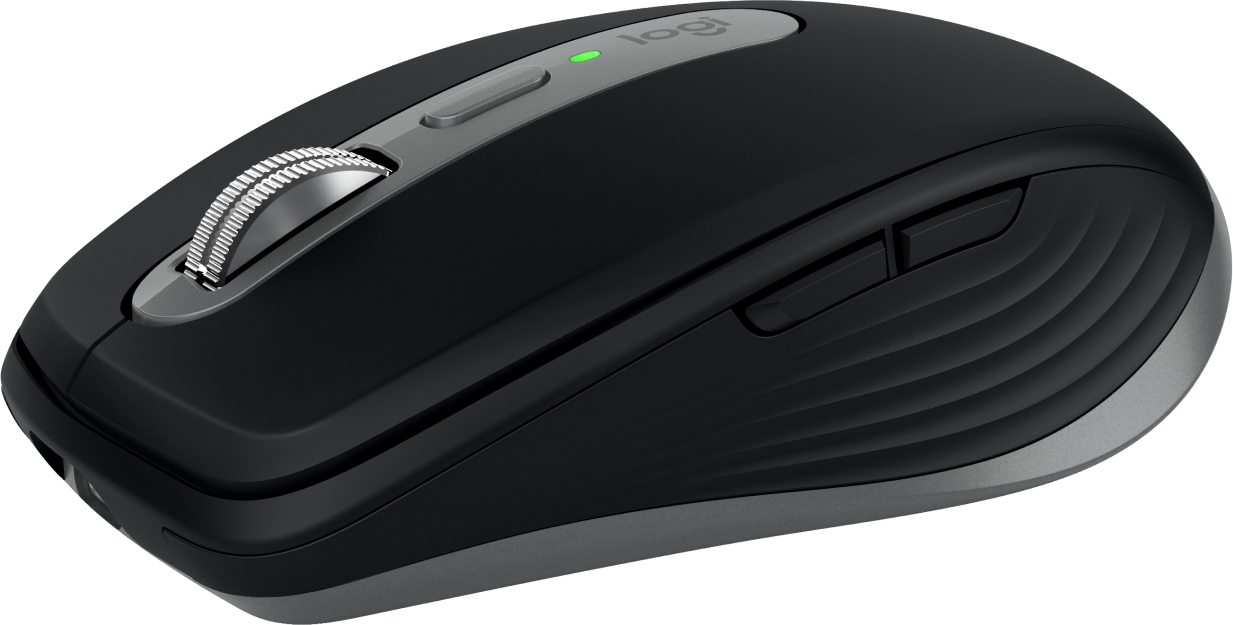 Un mouse per computer wireless nero di Logitech con rotellina di scorrimento argentata e pulsanti laterali.