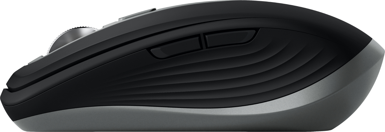 Vista laterale di un mouse per computer ergonomico nero con due pulsanti laterali e rotella in metallo.
