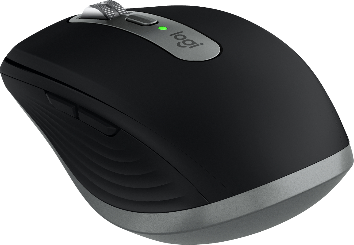 Un mouse wireless nero Logitech con rotella d'argento e luce di stato verde.