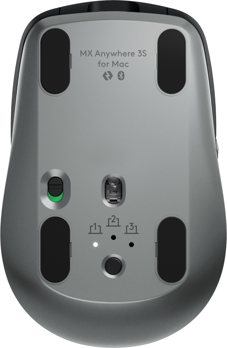 La parte inferiore di un mouse grigio MX Anywhere 3S per Mac con sensore, piedini e interruttore.