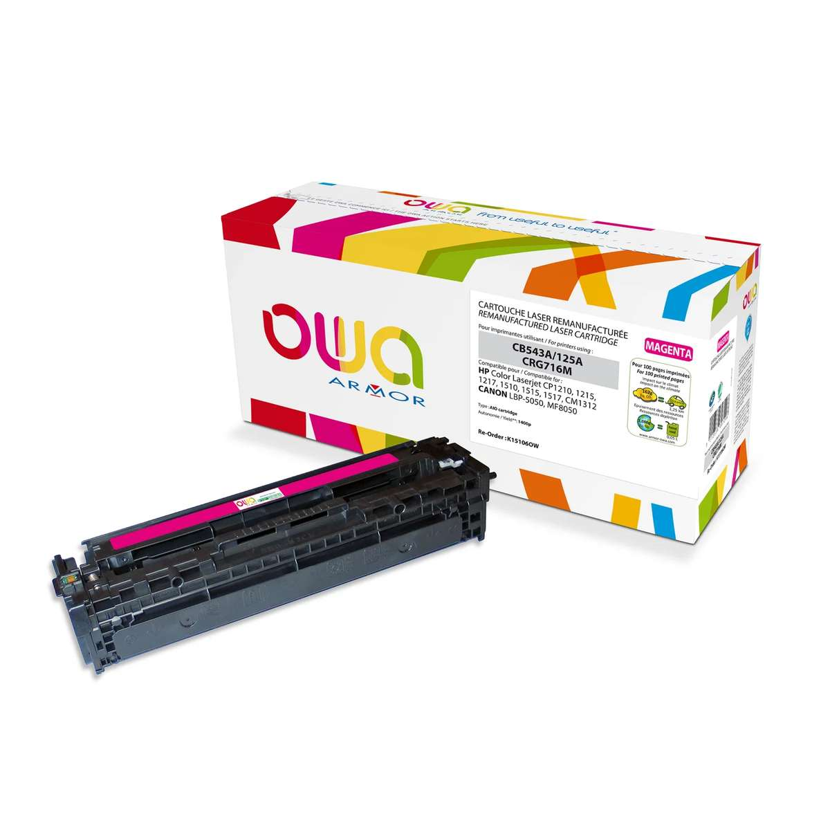Eine OWA Lasertoner-Kartusche in Schwarz liegt vor ihrer bunten Verpackung auf weißem Hintergrund.