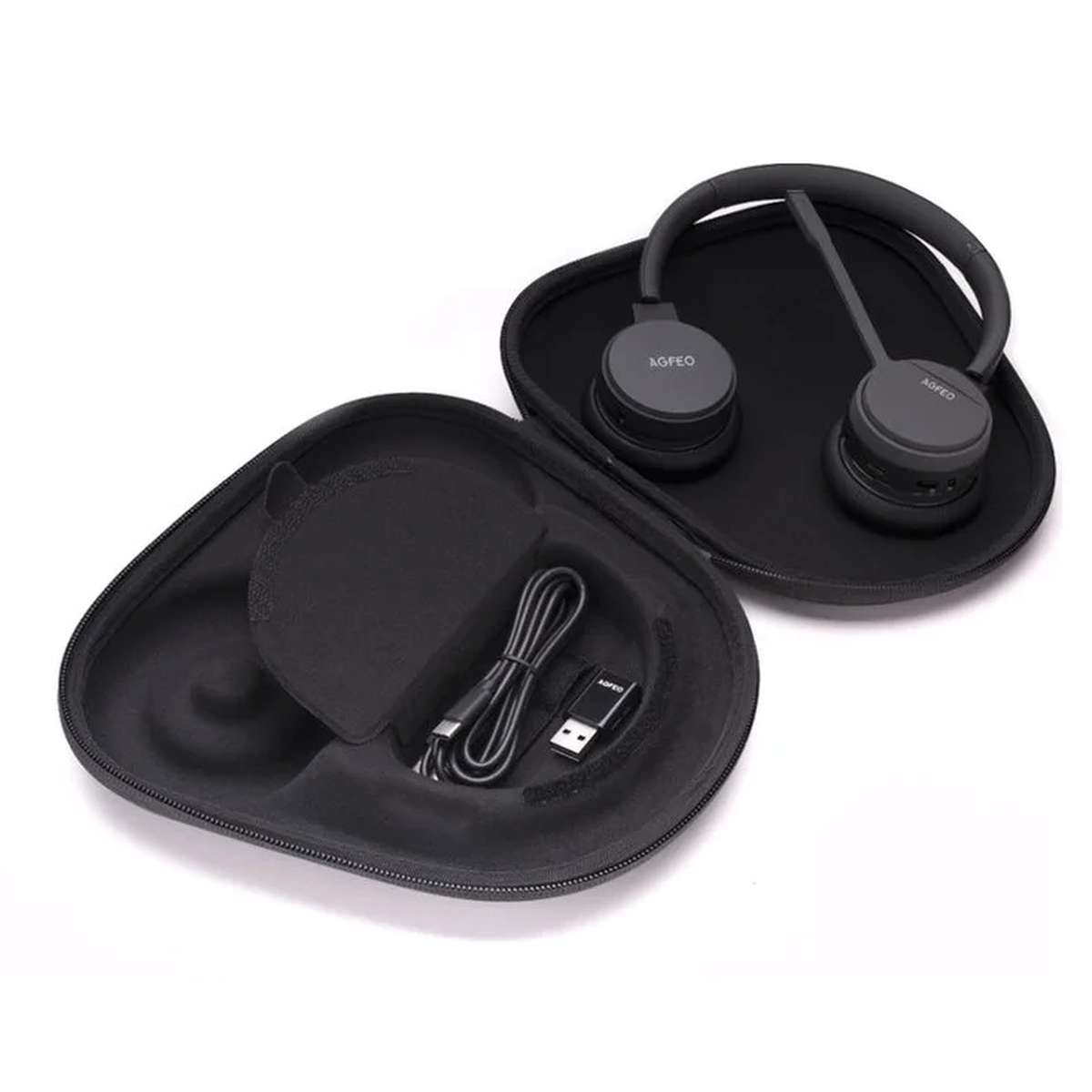 Black on-ear headphones with mic and a USB cable inside an open carrying case on a white background.