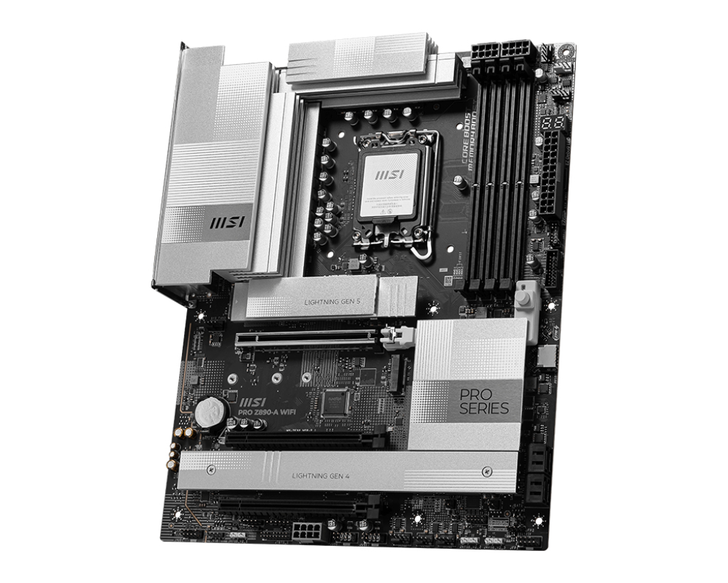 Scheda madre MSI PRO Z890-A WIFI nera con dissipatori argentati.
