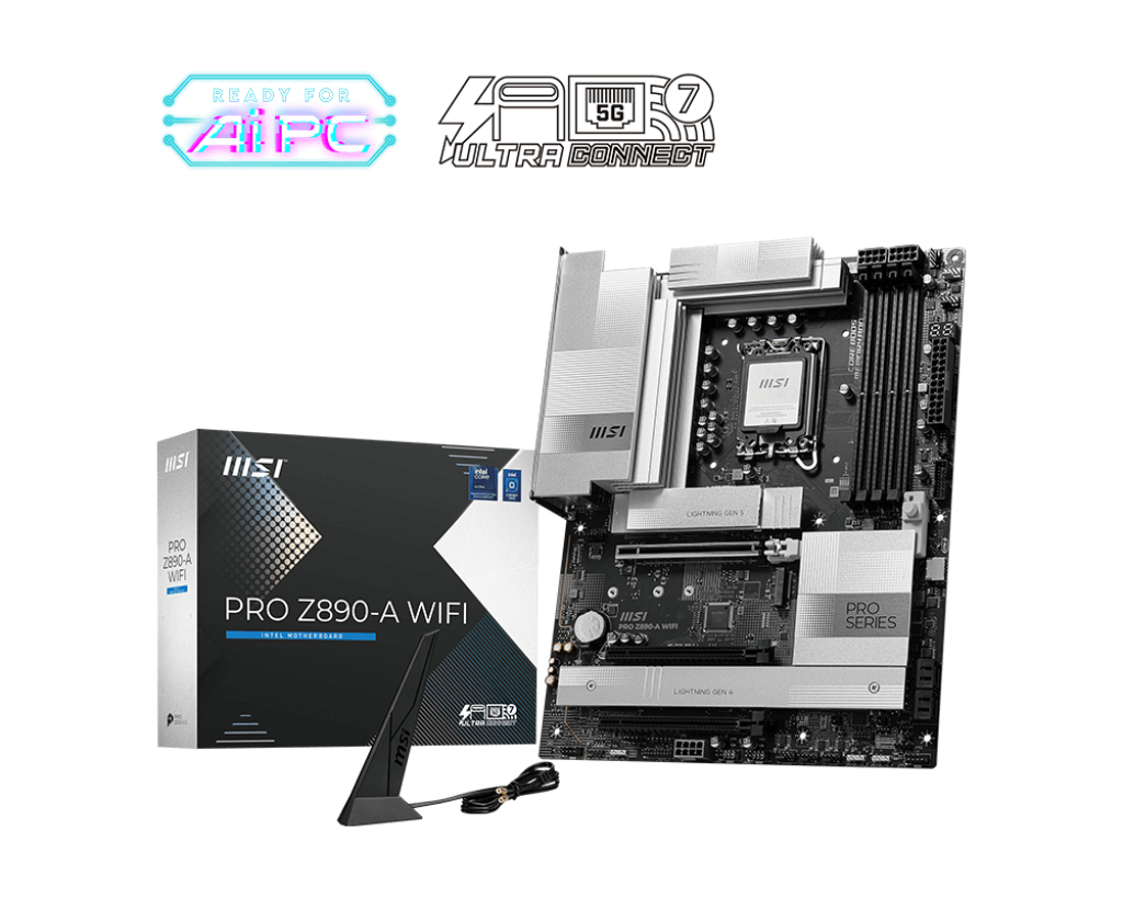 Scheda madre MSI PRO Z890-A WIFI con scatola, antenna Wi-Fi e logo AI PC.