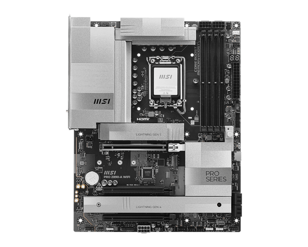 Scheda madre MSI Pro Z890-A WiFi con dissipatori argentati e PCB nero su sfondo bianco.