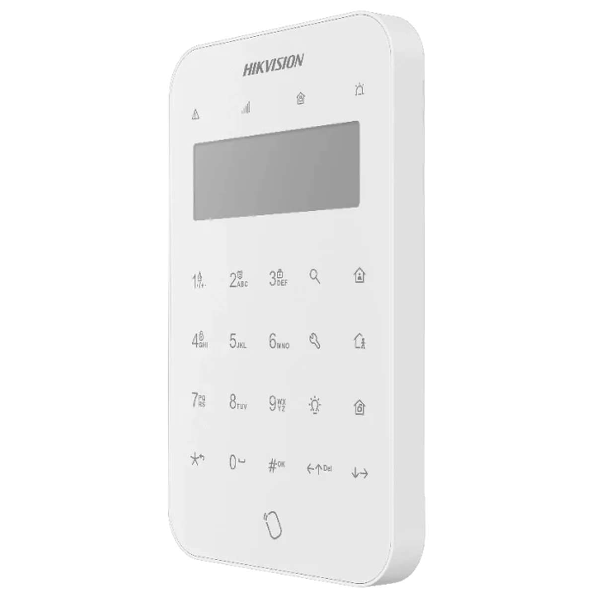 Teclado de seguridad Hikvision blanco con pantalla digital y botones numéricos.