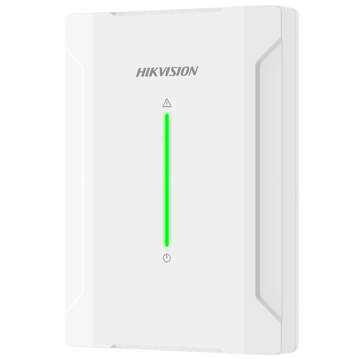 Un dispositivo Hikvision blanco con una barra de luz LED verde vertical en el centro y un icono de encendido abajo.