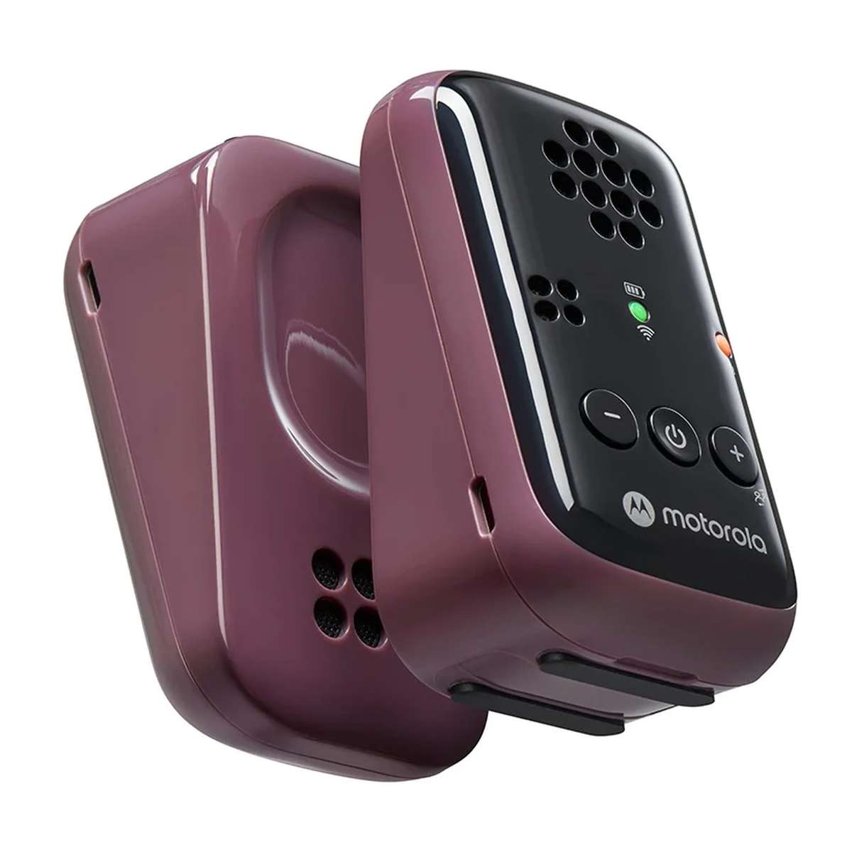 Zwei violette Motorola-Funkgeräte mit Lautsprechern und Tasten auf einer weißen Oberfläche.