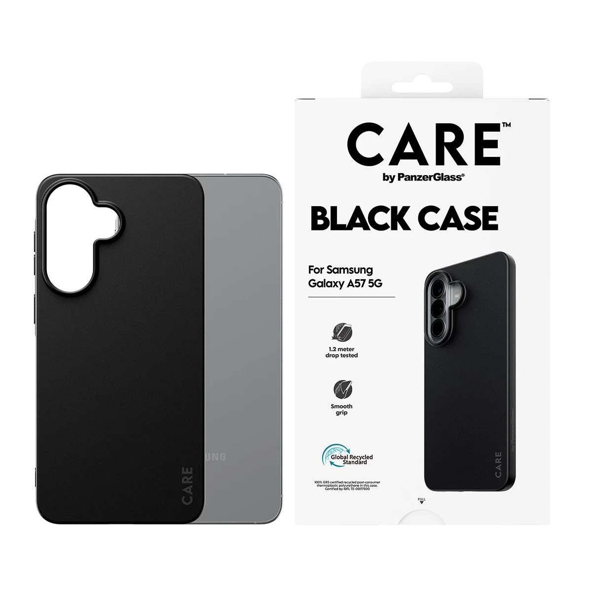 Schwarze Schutzhülle CARE by PanzerGlass für das Samsung Galaxy A57 5G in seiner Verpackung.