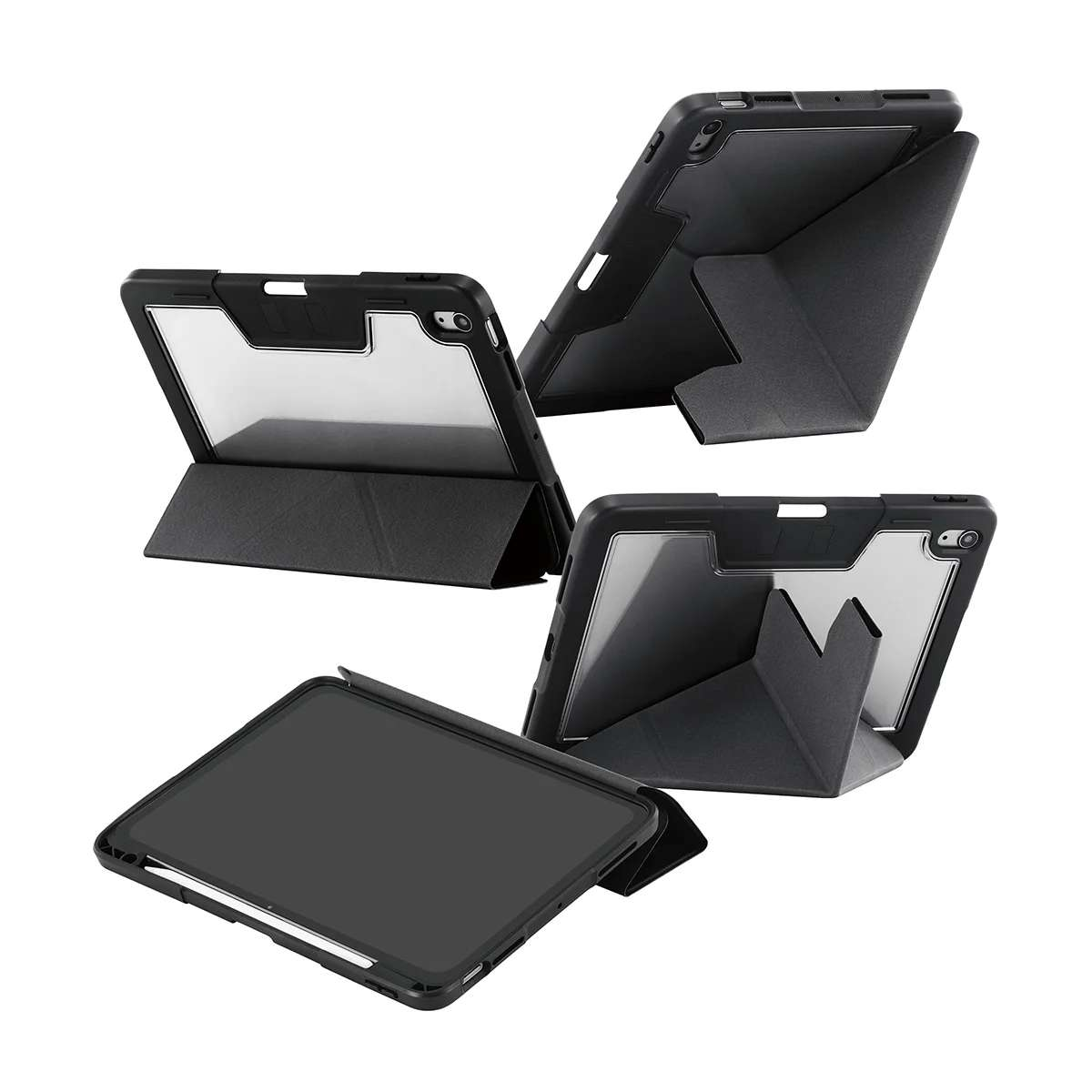 Entegre standlı ve şeffaf arka yüzeyli siyah tablet kılıfının dört farklı görünümü.