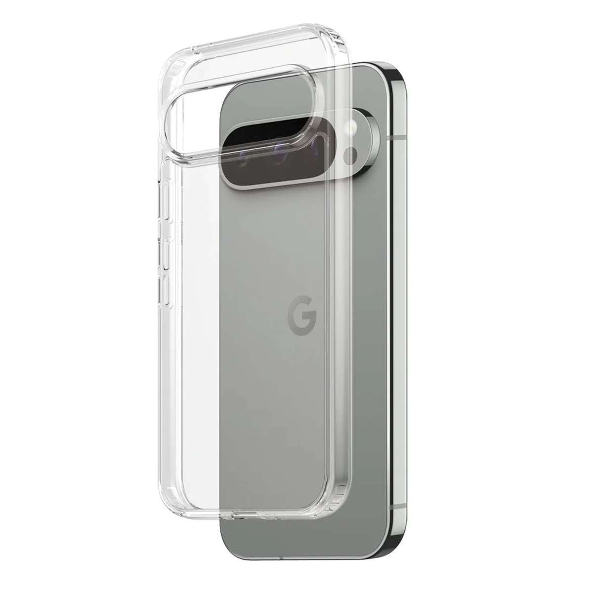 Uno smartphone grigio all'interno di una custodia protettiva trasparente su sfondo chiaro.