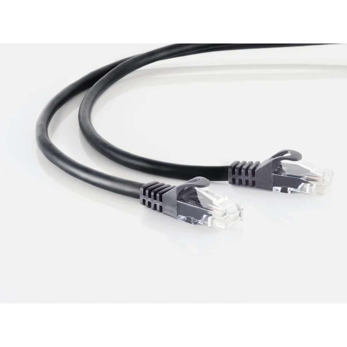 Zwei schwarze Ethernet-Kabel mit RJ45-Steckern liegen auf weißem Grund.