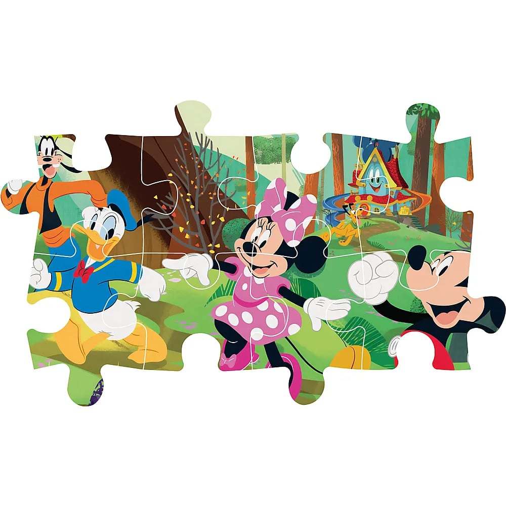 Un rompecabezas de Disney muestra a Mickey, Minnie, Donald y Goofy corriendo en un bosque.