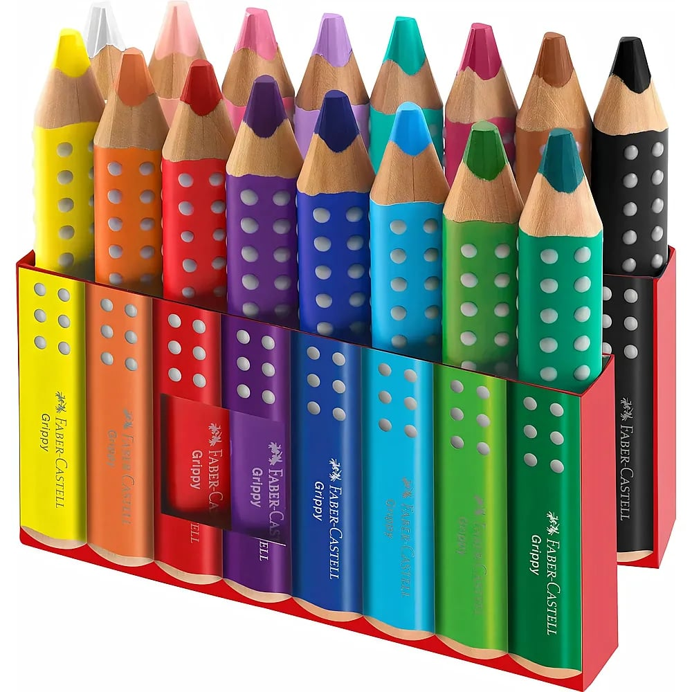 Bunte Faber-Castell Grippy Buntstifte mit rutschfesten Noppen in roter Verpackung.