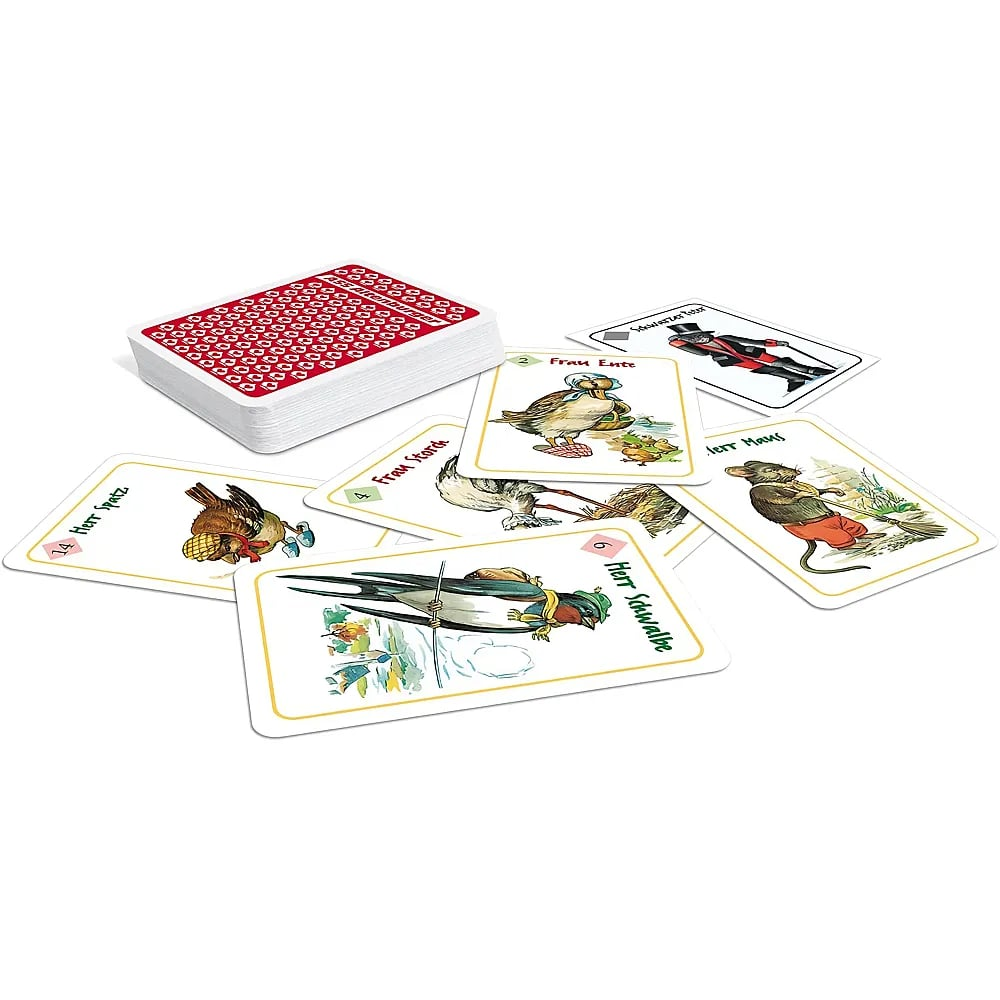 Ein Kartenspiel mit illustrierten Tiermotiven und einem roten Deckstapel auf weißem Grund.