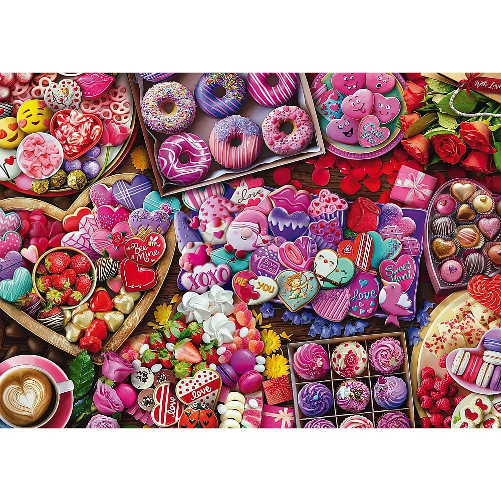 Eine bunte Sammlung von Valentinstagsleckereien, darunter dekorierte Kekse, Donuts, Cupcakes, Erdbeeren und Rosen.