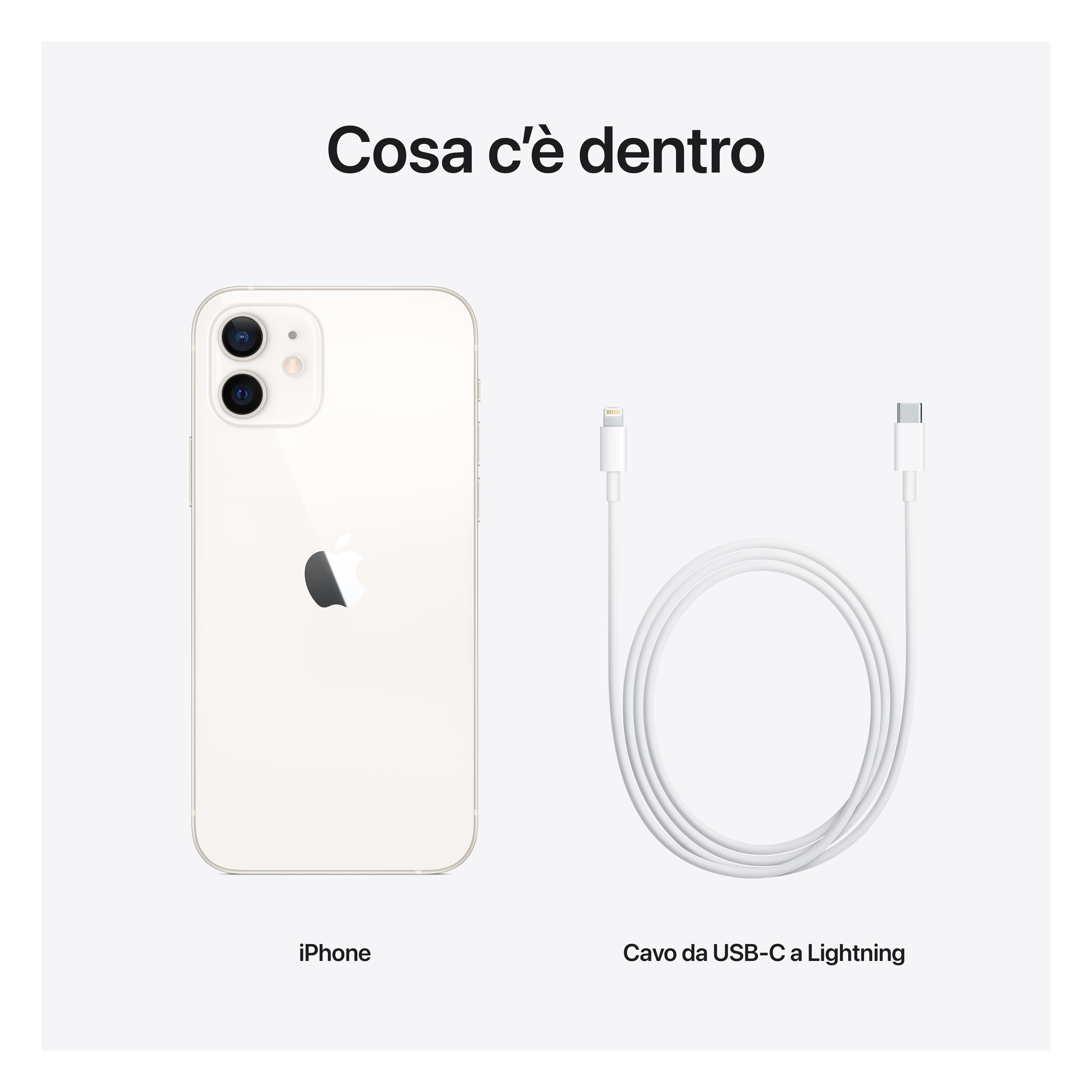 Un iPhone bianco e un cavo da USB-C a Lightning su sfondo bianco.
