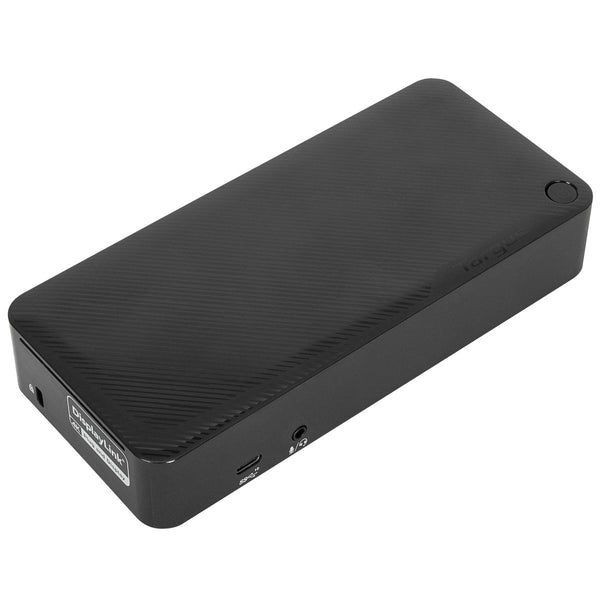 Una docking station rettangolare nera con superficie testurizzata, pulsante di accensione e porte laterali.