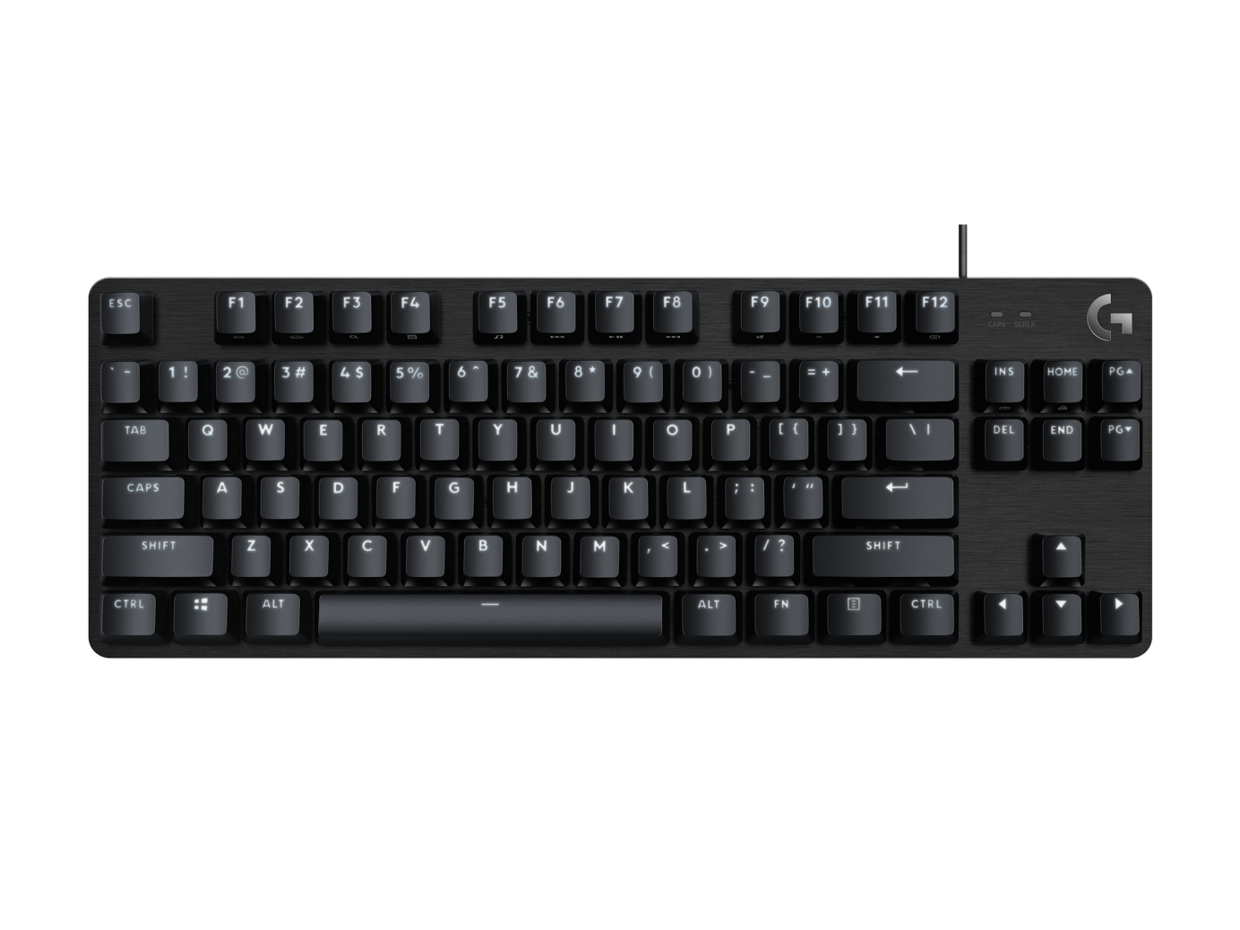 Teclado para juegos negro sin teclado numérico, teclas retroiluminadas y logotipo de Logitech sobre fondo blanco.