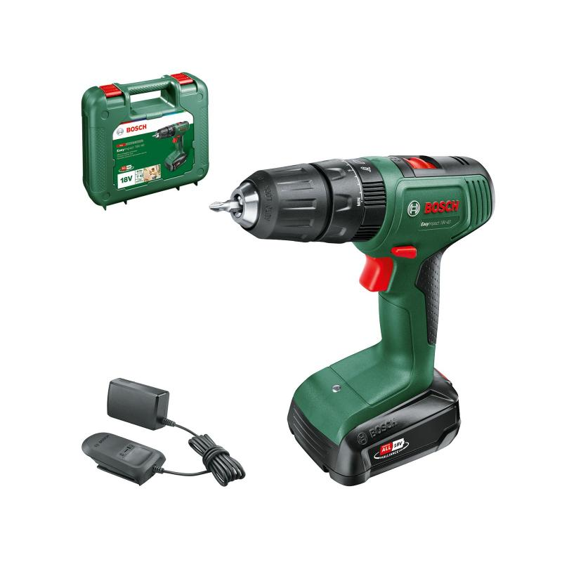 Trapano a batteria verde Bosch con custodia e caricabatterie su sfondo bianco.