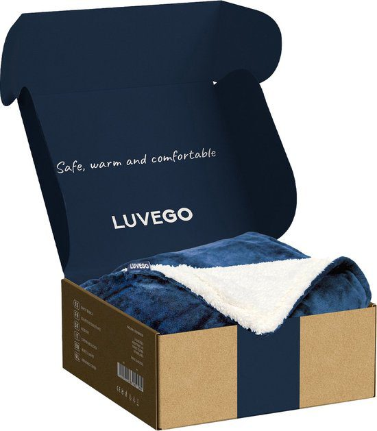 Eine offene Schachtel mit der Aufschrift LUVEG0 enthält eine blaue und weiße Fleecedecke.
