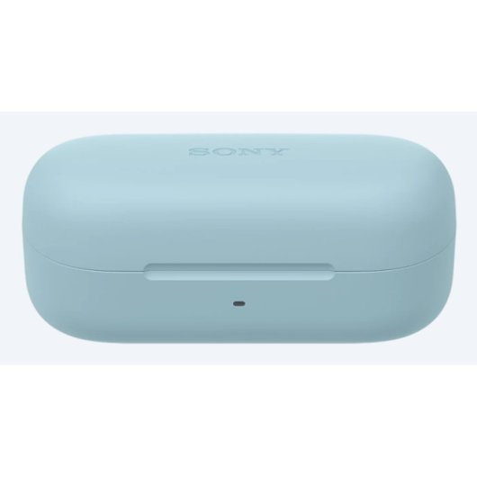 Custodia di ricarica per auricolari wireless Sony azzurra con una piccola luce LED su sfondo bianco.