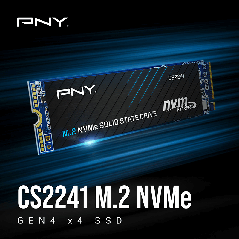 Dysk SSD PNY CS2241 M.2 NVMe Gen4 x4 na niebieskim tle ze smugami światła.