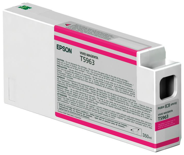 Cartucho de tinta Epson T5963 magenta vivo de 350 ml con advertencias.