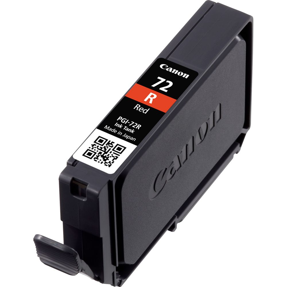 Schwarze Canon PGI-72R rote Tintenpatrone mit QR-Code vor klarem Hintergrund.