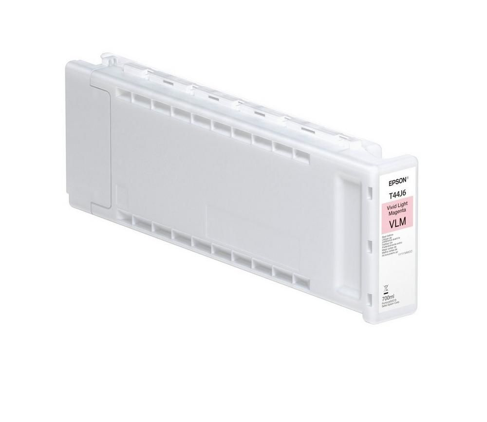 Cartuccia di inchiostro bianca Epson T44J6 Vivid Light Magenta su sfondo bianco.