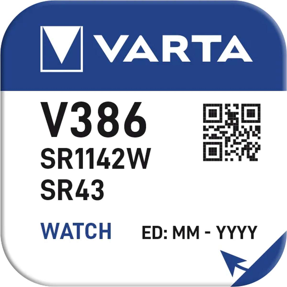 Varta V386 battery label with QR code and text.