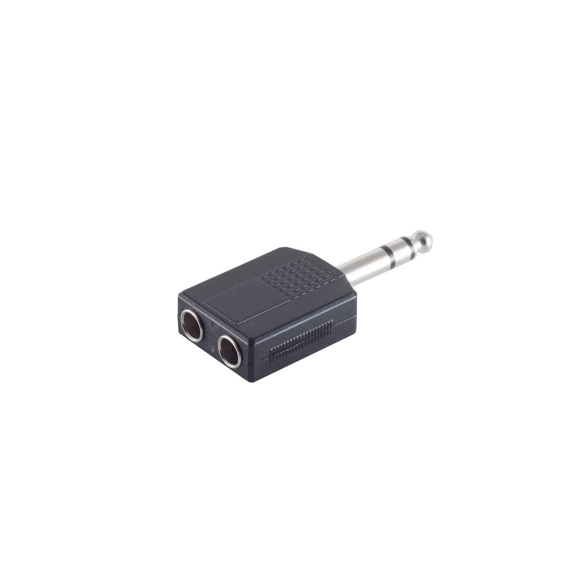 Ein schwarzer Audio-Adapter mit einem Klinkenstecker und zwei Klinkenbuchsen auf einem weißen Hintergrund.