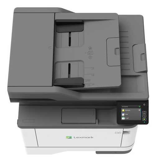 Eine Ansicht von oben auf einen grau-weißen Lexmark Drucker mit Dokumenteneinzug und Touchscreen.
