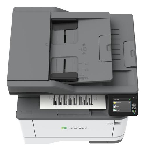 Top-down-Ansicht eines grauen Lexmark-Multifunktionsdruckers mit Dokumenteneinzug und Bedienfeld.